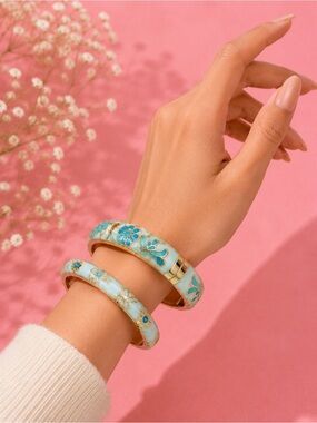 Blue Floral Enamel Bangle Bracelet Set